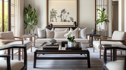 Fototapeta premium Modern living room interior, contemporary living room interior, living room with Asian aesthetic.