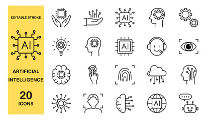 Set of artificial intelligence line icons. AI technology, digital, brain and  more. Editable stroke