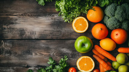 Fresh vegetables and fruits on wooden background, World Vegan Day Concept 