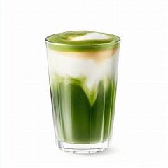 Glass of Iced Matcha Latte with Foam Layer on White Background