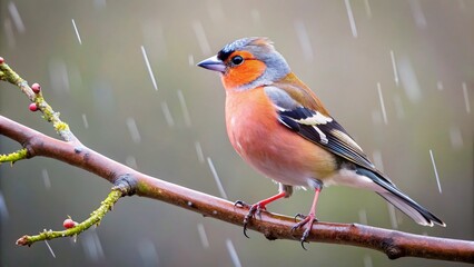 Fototapeta premium Male Eurasian Chaffinch Perched on Bare Branch in Rain with Raindrops on Pink Feathers Isolated Against White