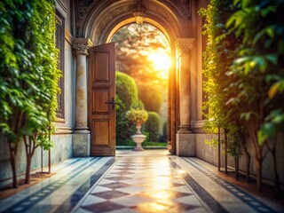 Fototapeta premium Marble Pathway Leading to an Elegant Door in a Tilt-Shift Perspective