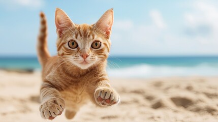 Obraz premium A playful ginger cat leaps joyfully on a sandy beach with a bright ocean backdrop, capturing a moment of fun and adventure.