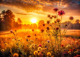 Meadow Flowers Silhouette in Vintage Autumn Landscape - Early Morning Sunshine