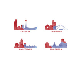 Canada cities skyline vector logo, icon set. Watercolor Calgary, Winnipeg, Vancouver, Edmonton silhouette. Isolated graphic collection of Alberta, British Columbia province