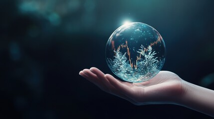 A hand holding a glowing orb, projecting a holographic image of a stock market graph onto a wall, with fantastical creatures emerging from the data.