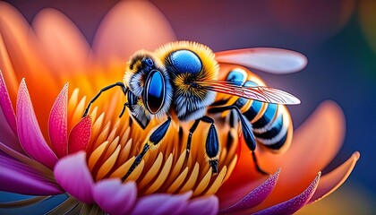 Beautiful pink echinacea bloom with a honeybee collecting pollen in a summer garden
