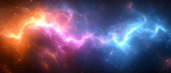 A vibrant nebula with swirling hues of orange, pink, and blue, set against a backdrop of twinkling stars.