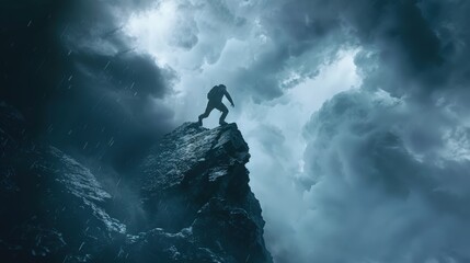 Fototapeta premium Struggling Climber Against Stormy Sky