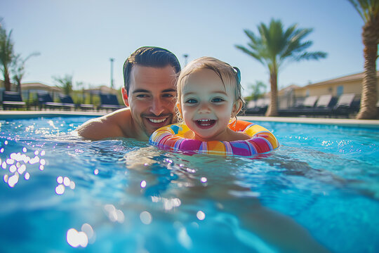 Father and daughter enjoying a swimming lesson in the pool