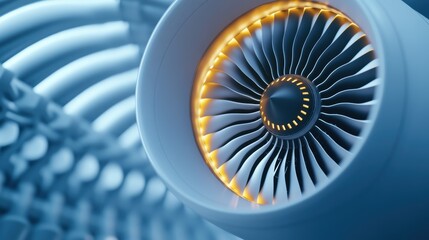 A detailed close-up of a modern jet engine turbine, illuminated with glowing lights, showcasing advanced aviation technology and engineering precision