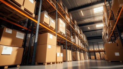 Obraz premium Warehouse interior filled with stacked boxes on shelves and bright overhead lighting.