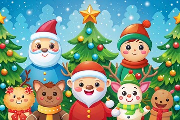 Fototapeta premium Merry Christmas Vector Greeting Card Template with Cute Cartoon Characters in Naive Art Style for Festive Designs and