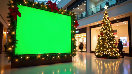 Decorated for the holiday season, a shopping mall features a Christmas tree and a large green screen for promotional activities, creating a festive atmosphere.