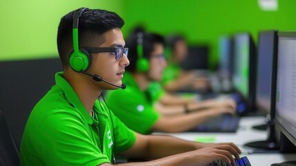 Focused young man working in a call center, wearing headphones and green polo shirt.