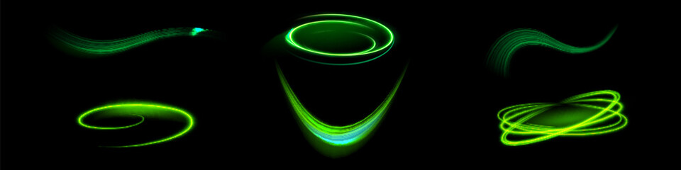 Green glowing shiny lines effect vector background. Luminous white lines of speed. Light glowing effect. Light trail wave, fire path trace line and incandescence curve twirl.