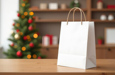 White paper shopping bag mockup standing on the wooden table in a Christmas-decorated shop. 