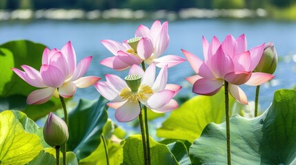 Obraz premium Pink lotus flowers in bloom on a lake with green leaves.