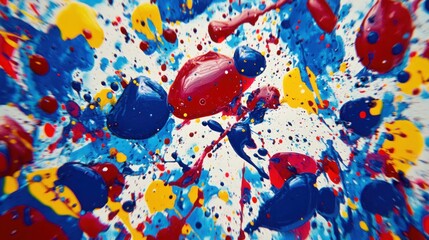 A vibrant abstract background featuring splatters of red, blue, and yellow paint on a white background.