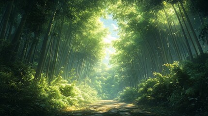 Sunlight streams through dense bamboo forest, illuminating a path leading into the greenery.