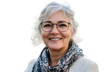 Smiling portrait of senior woman looking at camera outdoor. Head shot of 60 year old woman over urban background.