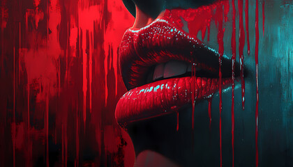 Woman's lips adorned with blood drips.