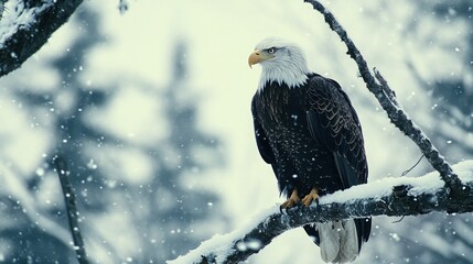 A majestic bald eagle perches on a snow-covered branch in a wintery forest, snowflakes falling around it.