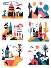 Abstract landscape with stylized buildings, trees, and mountains in a bright color palette.