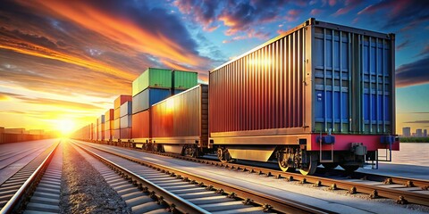 Fototapeta premium Minimalist 3D Train with Cargo Containers on Platforms - Modern Transport Concept