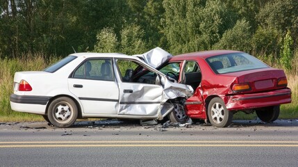 Damaged car: the wreckage left behind from a crash, with dented panels and broken headlights, the stark reality of vehicular mishaps and the journey from devastation to recovery.