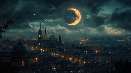 An enchanting cityscape during a lunar eclipse