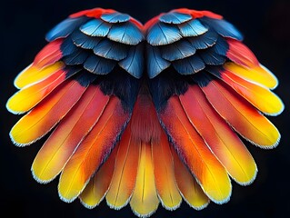 Obraz premium Vibrant bird feathers arranged in a heart shape against a black background, showcasing the beauty of nature's design.