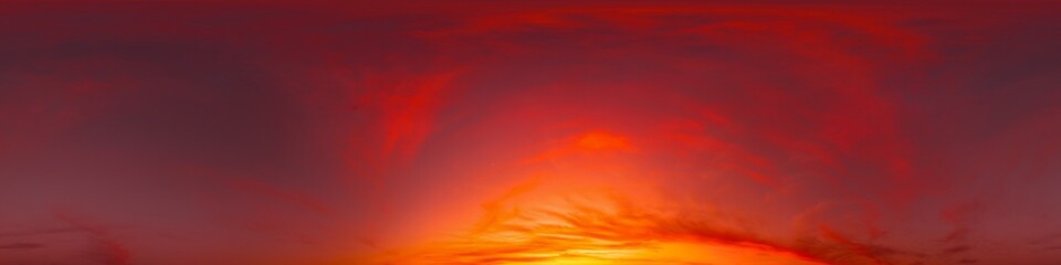 360 panorama of glowing sunset sky with bright pink Cirrus clouds. HDR 360 seamless spherical panorama. Full zenith or sky dome sky replacement for aerial drone panoramas. Climate and weather change.