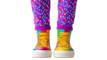 Colorful sneakers and vibrant pants showcase a playful, energetic fashion style perfect for casual outings and creative expression.