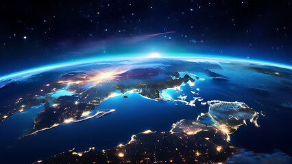 Naklejka premium glowing earth from space north america at night with city lights and celestial wonders digital illustration