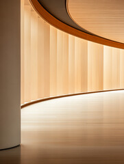 Obraz premium Curved wooden architecture with warm lighting in a modern indoor space during daylight hours
