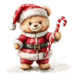 Cute Bear in Christmas Outfit Holding a Candy Cane