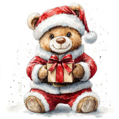 Cute Bear in Christmas Outfit with Gift Box