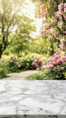 Obraz premium Marble Tabletop with a Flower Garden Background.