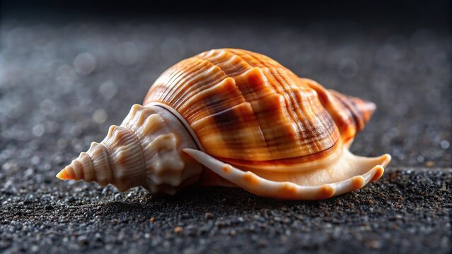 macro of phalium glaucum seashell on black sand background