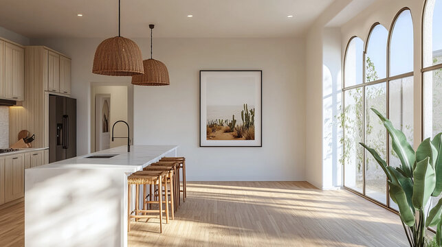 Naklejki Bright sunny kitchen interior mockup white neutral boho cottage wooden cabinet hanging lamps furniture with one piece of beautiful framed wall art stools big window with copy space 