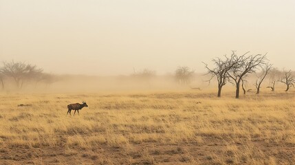 Naklejka premium Withered Grassland Lone Animal Battling Desertification in Muted Tones