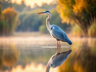 Minimalist Grey Heron Hunting for Fish in Tranquil Lake Setting