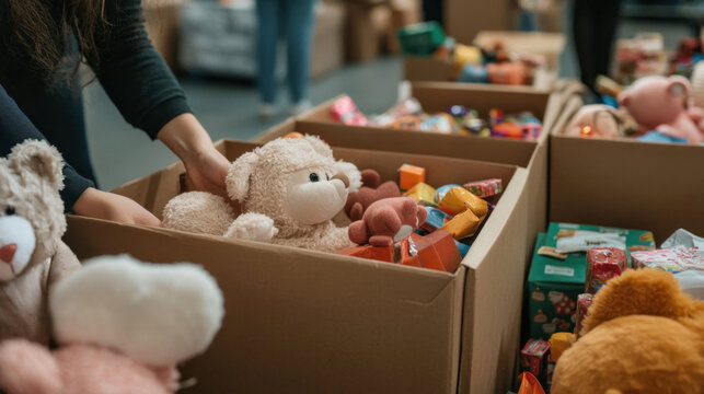 Community organizing toy drive, donating, wrapping, sorting gifts, spirit of giving togetherness - Powered by Adobe