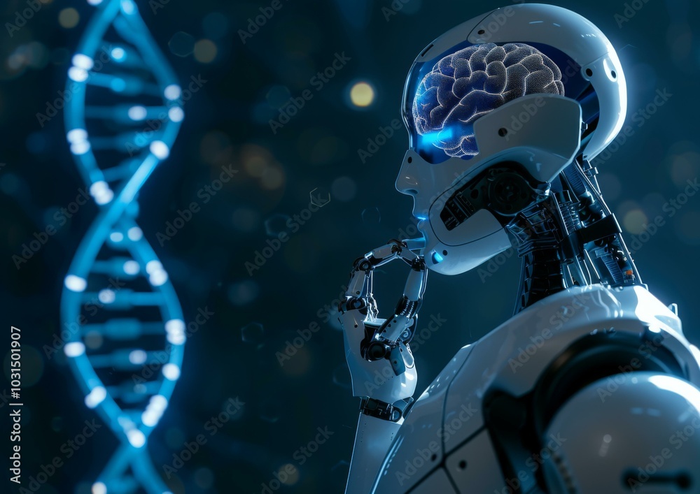 Wall mural a robot with a brain in its hand and dna strand behind it. ai.
