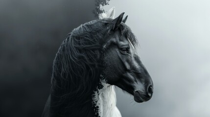 A black horse with white mane and tail in a photo. AI.