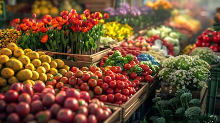 A vibrant market scene with colorful fruits vegetables and flowers displayed in neat rows capturing the bustling atmosphere and rich textures