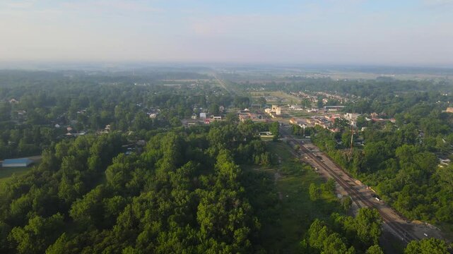 Wide approaching shot of Carleton, Michigan, USA. Small town in midwest, Great lakes region