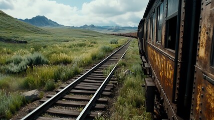Rusty Train Car on Railroad Tracks Leading Through Mountain Landscape