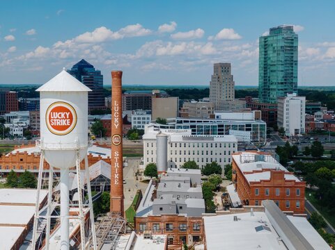 American Tobacco Campus and Lucky Strike watertower, Durham, North Carolina, United States. 11 August 2024